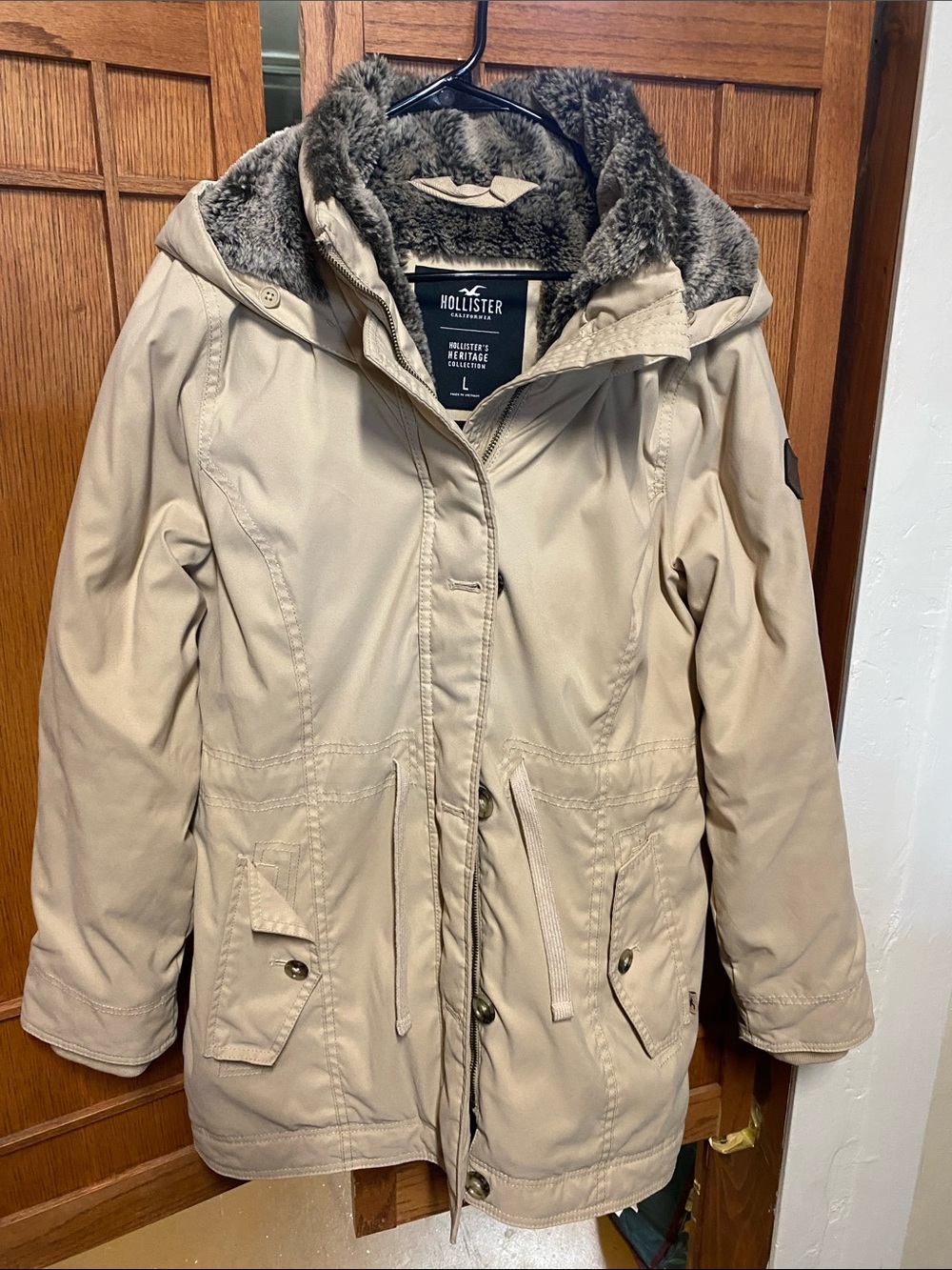 Hollister Beige Hooded Parka with Faux-Fur Lining